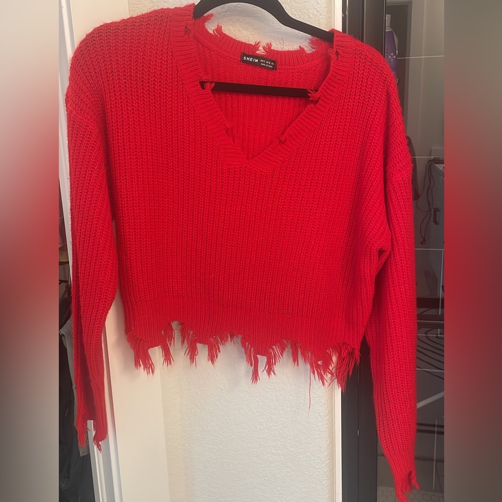 red distressed crop sweater